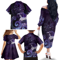 New Zealand Matariki Family Matching Off The Shoulder Long Sleeve Dress and Hawaiian Shirt Maori Tui Bird Purple Galaxy DT05 - Polynesian Pride