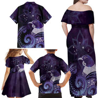 New Zealand Matariki Family Matching Off Shoulder Maxi Dress and Hawaiian Shirt Maori Tui Bird Purple Galaxy DT05 - Polynesian Pride