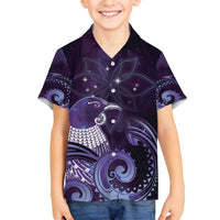 New Zealand Matariki Family Matching Puletasi and Hawaiian Shirt Maori Tui Bird Purple Galaxy DT05 Son's Shirt Purple - Polynesian Pride