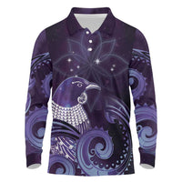 New Zealand Matariki Long Sleeve Polo Shirt Maori Tui Bird Purple Galaxy DT05 Purple - Polynesian Pride