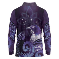 New Zealand Matariki Long Sleeve Polo Shirt Maori Tui Bird Purple Galaxy DT05 - Polynesian Pride