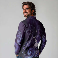 New Zealand Matariki Long Sleeve Polo Shirt Maori Tui Bird Purple Galaxy DT05 - Polynesian Pride