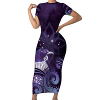New Zealand Matariki Short Sleeve Bodycon Dress Maori Tui Bird Purple Galaxy DT05 Long Dress Purple - Polynesian Pride