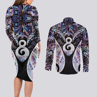 New Zealand Aotearoa Couples Matching Long Sleeve Bodycon Dress and Long Sleeve Button Shirt Pikorua Single Twist Pink Paua Shell DT05 - Polynesian Pride