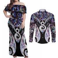 New Zealand Aotearoa Couples Matching Off Shoulder Maxi Dress and Long Sleeve Button Shirt Pikorua Single Twist Pink Paua Shell DT05 Pink - Polynesian Pride