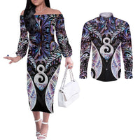 New Zealand Aotearoa Couples Matching Off The Shoulder Long Sleeve Dress and Long Sleeve Button Shirt Pikorua Single Twist Pink Paua Shell DT05 Pink - Polynesian Pride