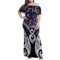 New Zealand Aotearoa Family Matching Off Shoulder Maxi Dress and Hawaiian Shirt Pikorua Single Twist Pink Paua Shell DT05 Mom's Dress Pink - Polynesian Pride