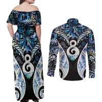 New Zealand Aotearoa Couples Matching Off Shoulder Maxi Dress and Long Sleeve Button Shirt Pikorua Single Twist Green Paua Shell DT05 - Polynesian Pride