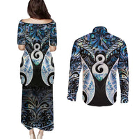 New Zealand Aotearoa Couples Matching Puletasi and Long Sleeve Button Shirt Pikorua Single Twist Green Paua Shell DT05 - Polynesian Pride