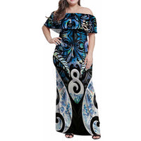 New Zealand Aotearoa Family Matching Off Shoulder Maxi Dress and Hawaiian Shirt Pikorua Single Twist Green Paua Shell DT05 Mom's Dress Green - Polynesian Pride