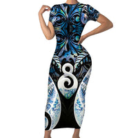 New Zealand Aotearoa Short Sleeve Bodycon Dress Pikorua Single Twist Green Paua Shell DT05 Long Dress Green - Polynesian Pride