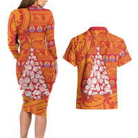 French Polynesia Christmas Couples Matching Long Sleeve Bodycon Dress and Hawaiian Shirt Seashell Xmas Tree Tribal Waves DT05 - Polynesian Pride