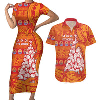French Polynesia Christmas Couples Matching Short Sleeve Bodycon Dress and Hawaiian Shirt Seashell Xmas Tree Tribal Waves DT05 Orange - Polynesian Pride