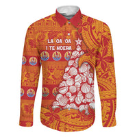 French Polynesia Christmas Family Matching Long Sleeve Bodycon Dress and Hawaiian Shirt Seashell Xmas Tree Tribal Waves DT05 Dad's Shirt - Long Sleeve Orange - Polynesian Pride