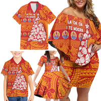 French Polynesia Christmas Family Matching Off Shoulder Short Dress and Hawaiian Shirt Seashell Xmas Tree Tribal Waves DT05 - Polynesian Pride