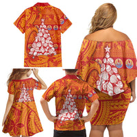 French Polynesia Christmas Family Matching Off Shoulder Short Dress and Hawaiian Shirt Seashell Xmas Tree Tribal Waves DT05 - Polynesian Pride
