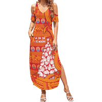 French Polynesia Christmas Family Matching Summer Maxi Dress and Hawaiian Shirt Seashell Xmas Tree Tribal Waves DT05 Mom's Dress Orange - Polynesian Pride