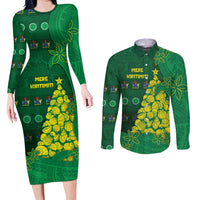 Cook Islands Christmas Couples Matching Long Sleeve Bodycon Dress and Long Sleeve Button Shirt Seashell Xmas Tree Tribal Waves DT05 Green - Polynesian Pride