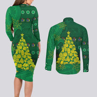 Cook Islands Christmas Couples Matching Long Sleeve Bodycon Dress and Long Sleeve Button Shirt Seashell Xmas Tree Tribal Waves DT05 - Polynesian Pride
