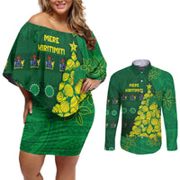 Cook Islands Christmas Couples Matching Off Shoulder Short Dress and Long Sleeve Button Shirt Seashell Xmas Tree Tribal Waves - Polynesian Pride