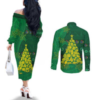Cook Islands Christmas Couples Matching Off The Shoulder Long Sleeve Dress and Long Sleeve Button Shirt Seashell Xmas Tree Tribal Waves DT05 - Polynesian Pride