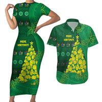 Cook Islands Christmas Couples Matching Short Sleeve Bodycon Dress and Hawaiian Shirt Seashell Xmas Tree Tribal Waves DT05 Green - Polynesian Pride