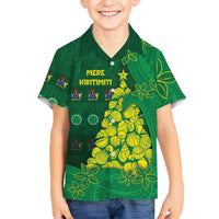Cook Islands Christmas Family Matching Long Sleeve Bodycon Dress and Hawaiian Shirt Seashell Xmas Tree Tribal Waves DT05 Son's Shirt Green - Polynesian Pride