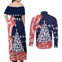Wallis And Futuna Christmas Couples Matching Off Shoulder Maxi Dress and Long Sleeve Button Shirt Seashell Xmas Tree Tribal Waves DT05 - Polynesian Pride