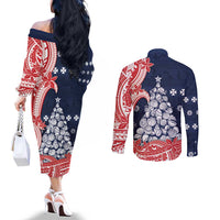 Wallis And Futuna Christmas Couples Matching Off The Shoulder Long Sleeve Dress and Long Sleeve Button Shirt Seashell Xmas Tree Tribal Waves DT05 - Polynesian Pride