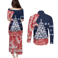 Wallis And Futuna Christmas Couples Matching Puletasi and Long Sleeve Button Shirt Seashell Xmas Tree Tribal Waves - Polynesian Pride