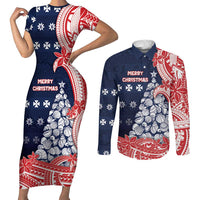 Wallis And Futuna Christmas Couples Matching Short Sleeve Bodycon Dress and Long Sleeve Button Shirt Seashell Xmas Tree Tribal Waves DT05 Navy - Polynesian Pride
