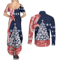 Wallis And Futuna Christmas Couples Matching Summer Maxi Dress and Long Sleeve Button Shirt Seashell Xmas Tree Tribal Waves DT05 - Polynesian Pride