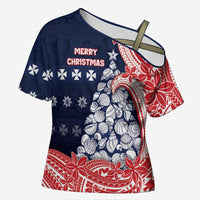 Wallis And Futuna Christmas Cross Shoulder Shirt Seashell Xmas Tree Tribal Waves - Polynesian Pride