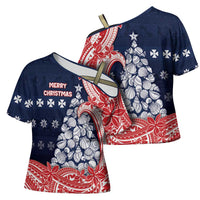 Wallis And Futuna Christmas Cross Shoulder Shirt Seashell Xmas Tree Tribal Waves - Polynesian Pride