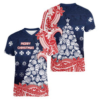 Wallis And Futuna Christmas Women V-Neck T-Shirt Seashell Xmas Tree Tribal Waves DT05 - Polynesian Pride