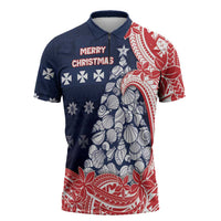 Wallis And Futuna Christmas Zipper Polo Shirt Seashell Xmas Tree Tribal Waves DT05 Navy - Polynesian Pride