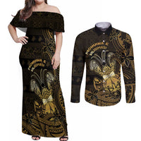 Niue Christmas Couples Matching Off Shoulder Maxi Dress and Long Sleeve Button Shirt Niuean Crab Xmas Tribal Waves DT05 Gold - Polynesian Pride