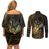 Niue Christmas Couples Matching Off Shoulder Short Dress and Long Sleeve Button Shirt Niuean Crab Xmas Tribal Waves DT05 - Polynesian Pride
