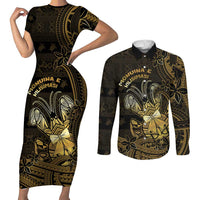 Niue Christmas Couples Matching Short Sleeve Bodycon Dress and Long Sleeve Button Shirt Niuean Crab Xmas Tribal Waves DT05 Gold - Polynesian Pride