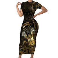 Niue Christmas Family Matching Short Sleeve Bodycon Dress and Hawaiian Shirt Niuean Crab Xmas Tribal Waves DT05 Mom's Dress Gold - Polynesian Pride