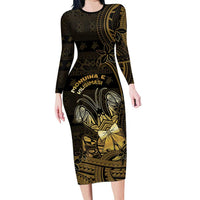 Niue Christmas Long Sleeve Bodycon Dress Niuean Crab Xmas Tribal Waves DT05 Long Dress Gold - Polynesian Pride