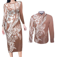 Hawaii Puakenikeni And Maile Lei Couples Matching Long Sleeve Bodycon Dress and Long Sleeve Button Shirt Brown Polynesian Shark Tattoo DT05