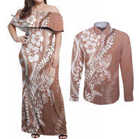 Hawaii Puakenikeni And Maile Lei Couples Matching Off Shoulder Maxi Dress and Long Sleeve Button Shirt Brown Polynesian Shark Tattoo DT05