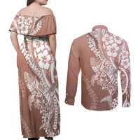 Hawaii Puakenikeni And Maile Lei Couples Matching Off Shoulder Maxi Dress and Long Sleeve Button Shirt Brown Polynesian Shark Tattoo DT05