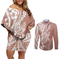 Hawaii Puakenikeni And Maile Lei Couples Matching Off Shoulder Short Dress and Long Sleeve Button Shirt Brown Polynesian Shark Tattoo DT05
