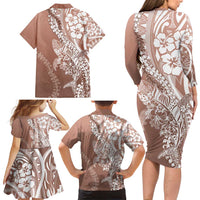 Hawaii Puakenikeni And Maile Lei Family Matching Long Sleeve Bodycon Dress and Hawaiian Shirt Brown Polynesian Shark Tattoo DT05