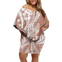 Hawaii Puakenikeni And Maile Lei Off Shoulder Short Dress Brown Polynesian Shark Tattoo DT05 Women Brown - Polynesian Pride