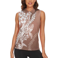 Hawaii Puakenikeni And Maile Lei Women Sleeveless Polo Shirt Brown Polynesian Shark Tattoo DT05 - Polynesian Pride