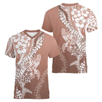Hawaii Puakenikeni And Maile Lei Women V-Neck T-Shirt Brown Polynesian Shark Tattoo DT05 - Polynesian Pride