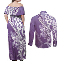 Hawaii Puakenikeni And Maile Lei Couples Matching Off Shoulder Maxi Dress and Long Sleeve Button Shirt Violet Polynesian Shark Tattoo DT05